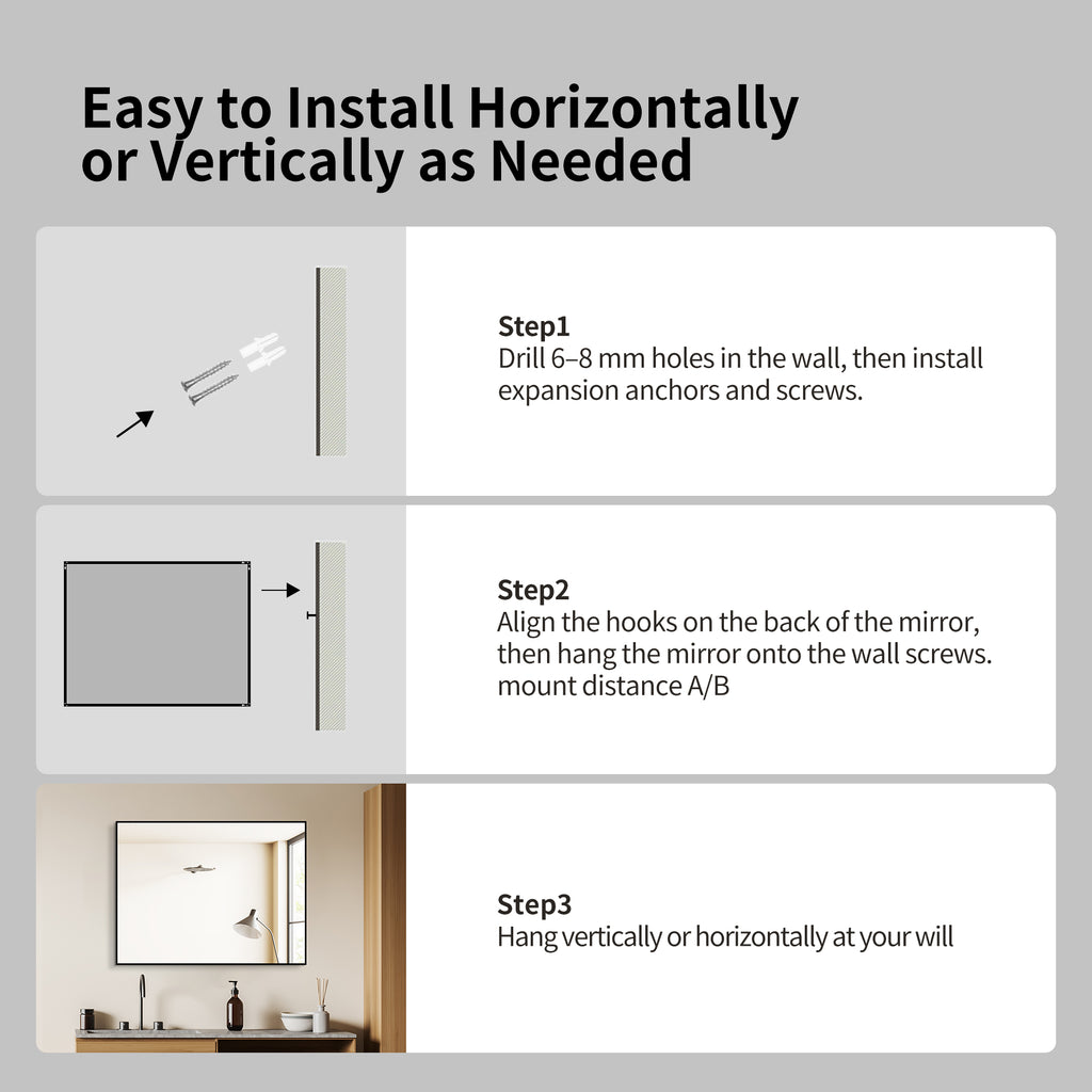 24 x 32 Inch Black Aluminum Bathroom Mirror – HD Copper-Free Silver Glass, Horizontal or Vertical Mount