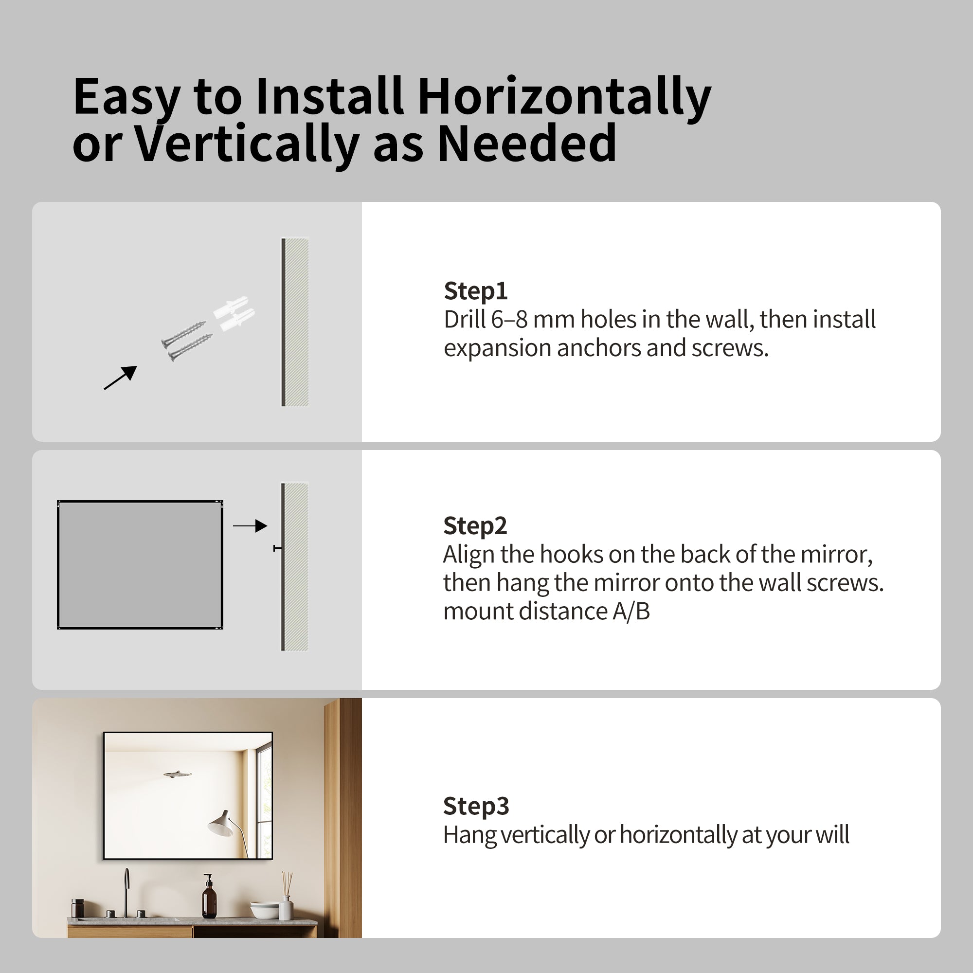 24 x 32 Inch Black Aluminum Bathroom Mirror – HD Copper-Free Silver Glass, Horizontal or Vertical Mount
