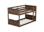 Twin Over Twin Floor Bunk Bed in Antique Oak – Solid Rubber Wood, Built-in Ladder & Safety Guardrails