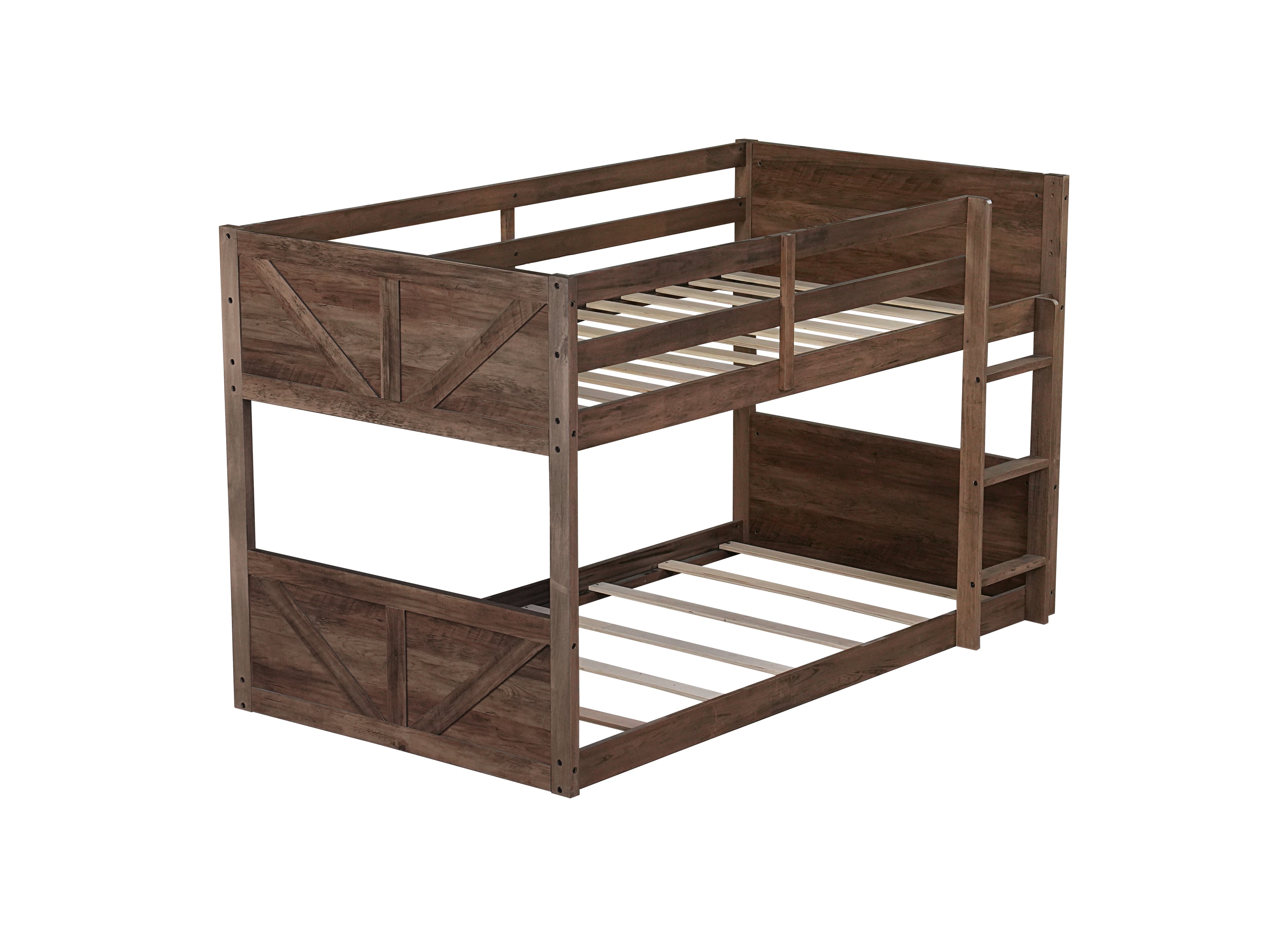 Twin Over Twin Floor Bunk Bed in Antique Oak – Solid Rubber Wood, Built-in Ladder & Safety Guardrails