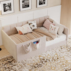 Twin Velvet Daybed Sofa Bed with Side Storage Pockets & Walk-In Entrance, Pink