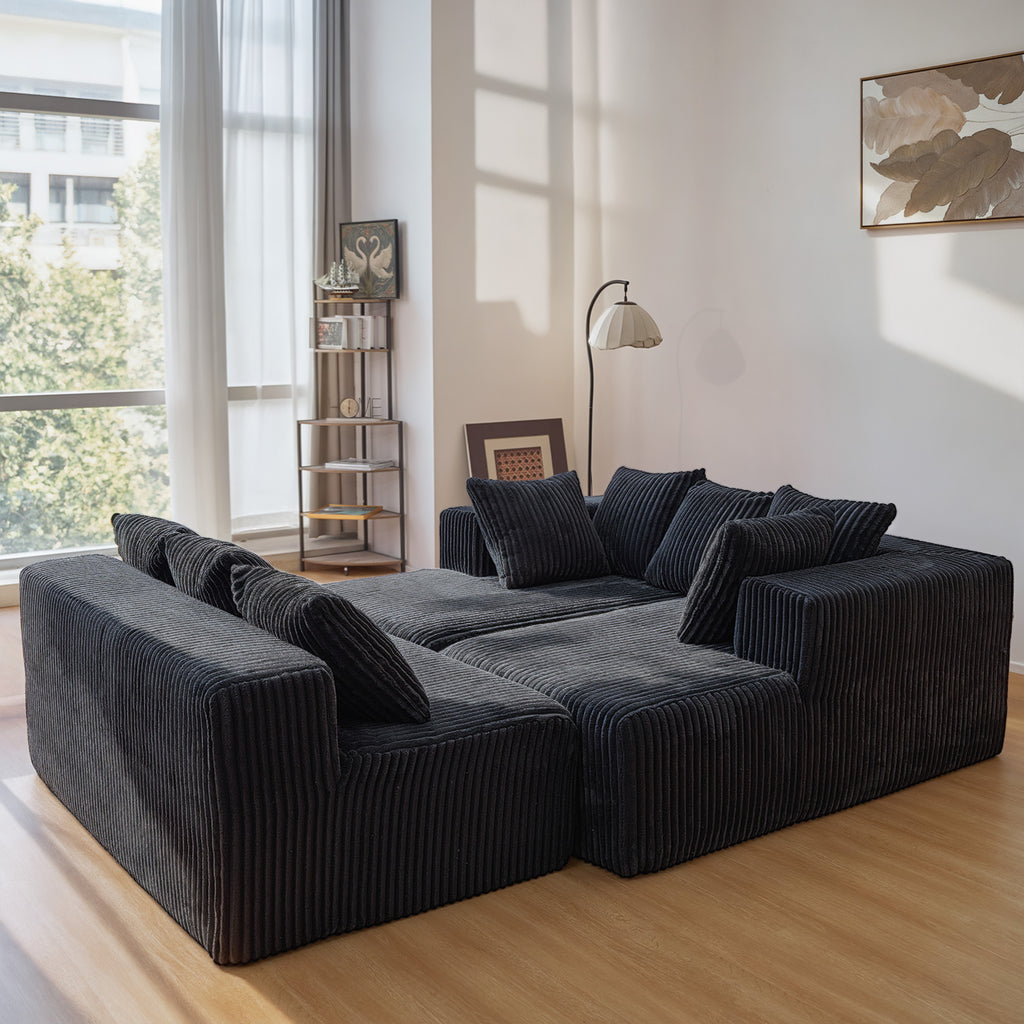 130" U-Shaped Corduroy Sectional Sofa with Chaise, 4-Seat Black Living Room Couch, No Assembly Required