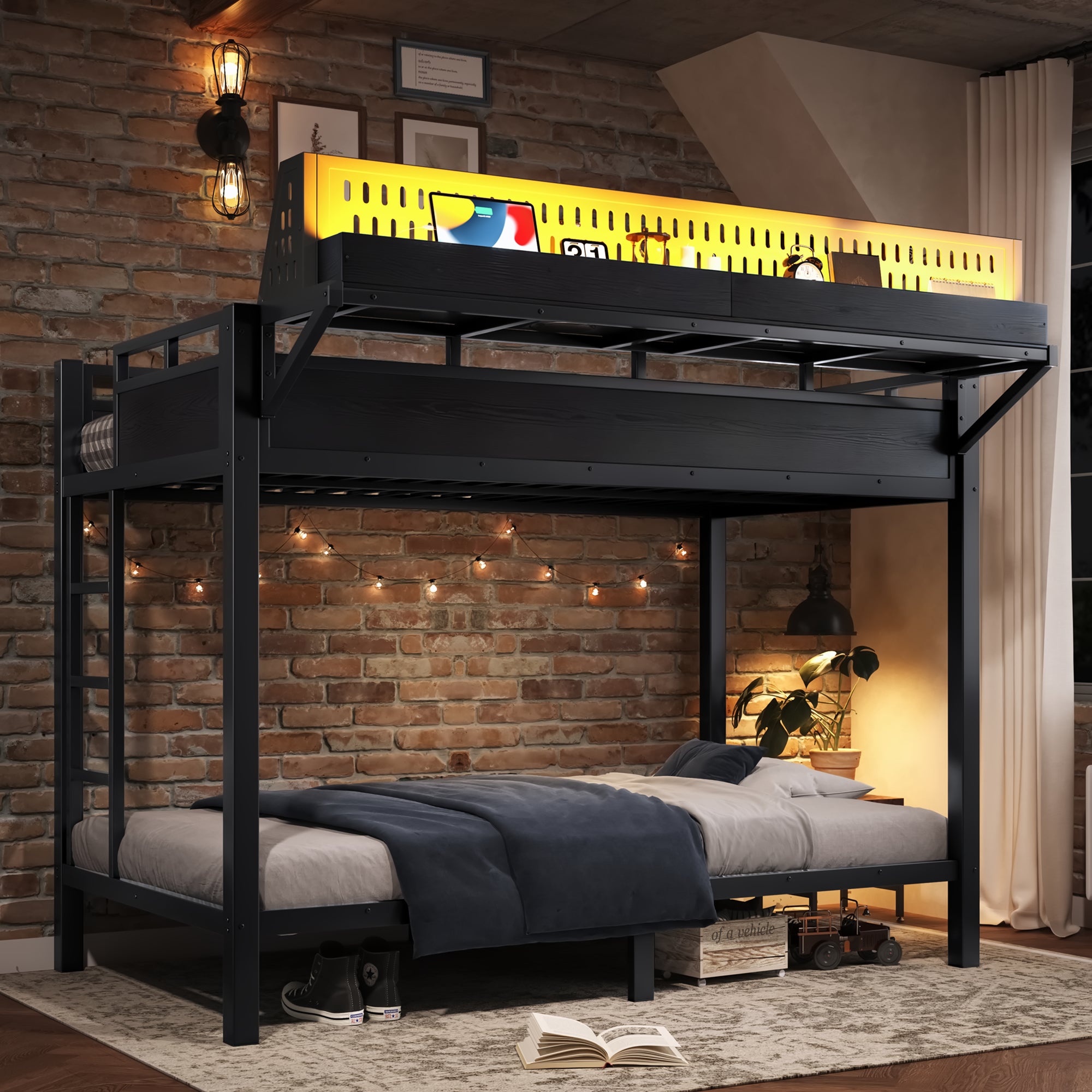 Twin XL Metal Bunk Bed with Storage Shelves, Pegboard, USB Ports & LED Lights – Black Secondary image