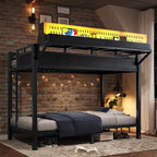 Top-down view highlighting upper bunk storage shelves and pegboard