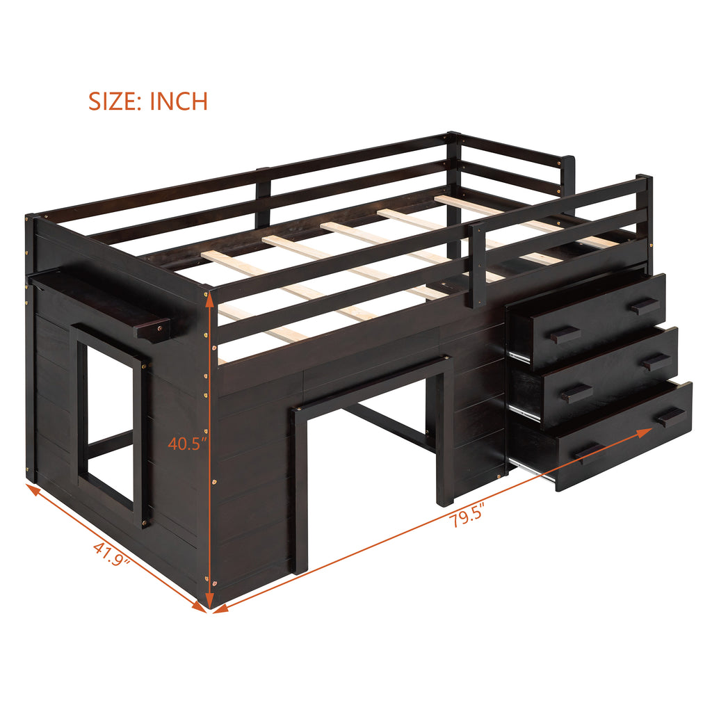 Twin Loft Bed with Storage Drawers and Built-in Ladder – Espresso Finish