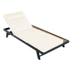 Black Iron and Teak Outdoor Chaise Lounge Set with Beige Cushion – 400 lb Capacity, Adjustable Backrest & Storage Surfac