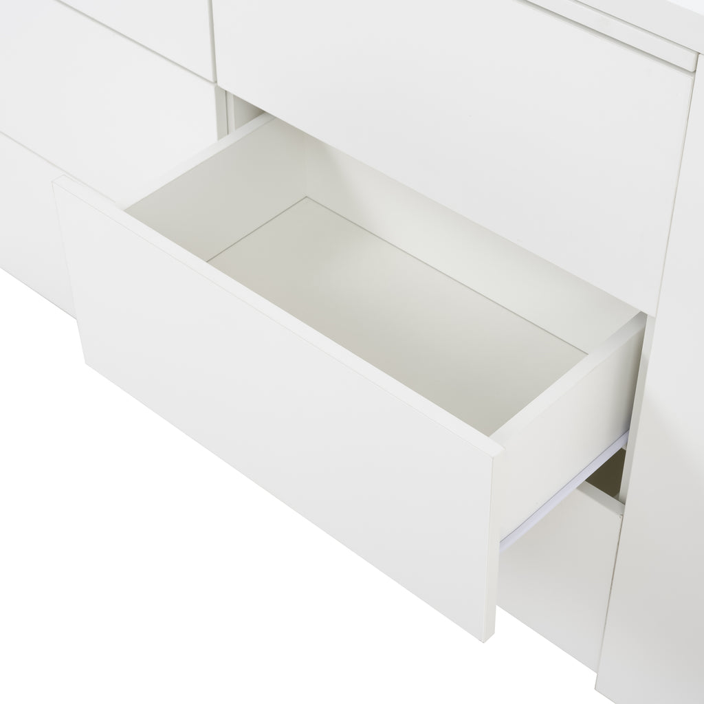 6-Drawer L-Shaped Vanity Dresser Combo with Wide Desktop – White Modern Bedroom Dressing Table