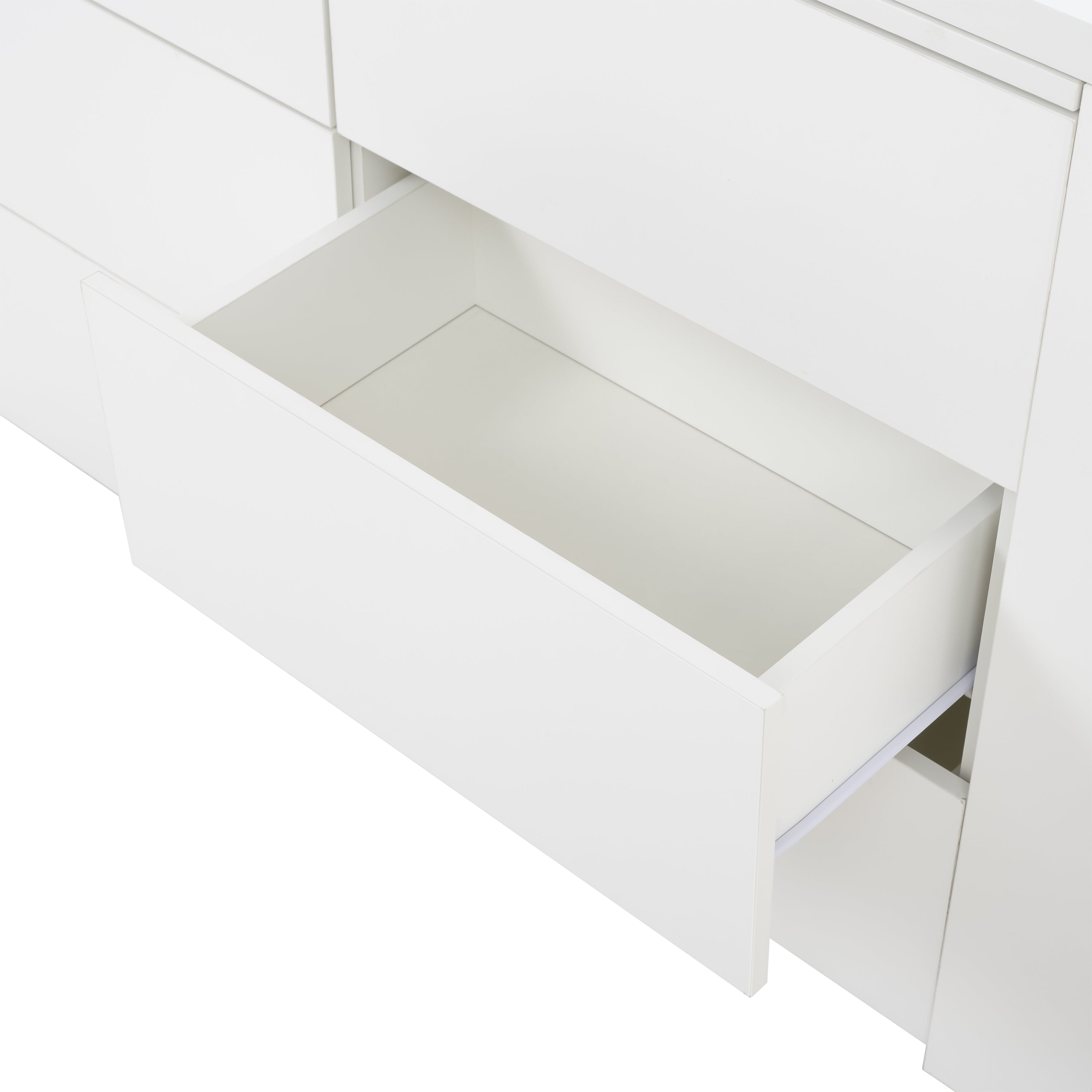 6-Drawer L-Shaped Vanity Dresser Combo with Wide Desktop – White Modern Bedroom Dressing Table