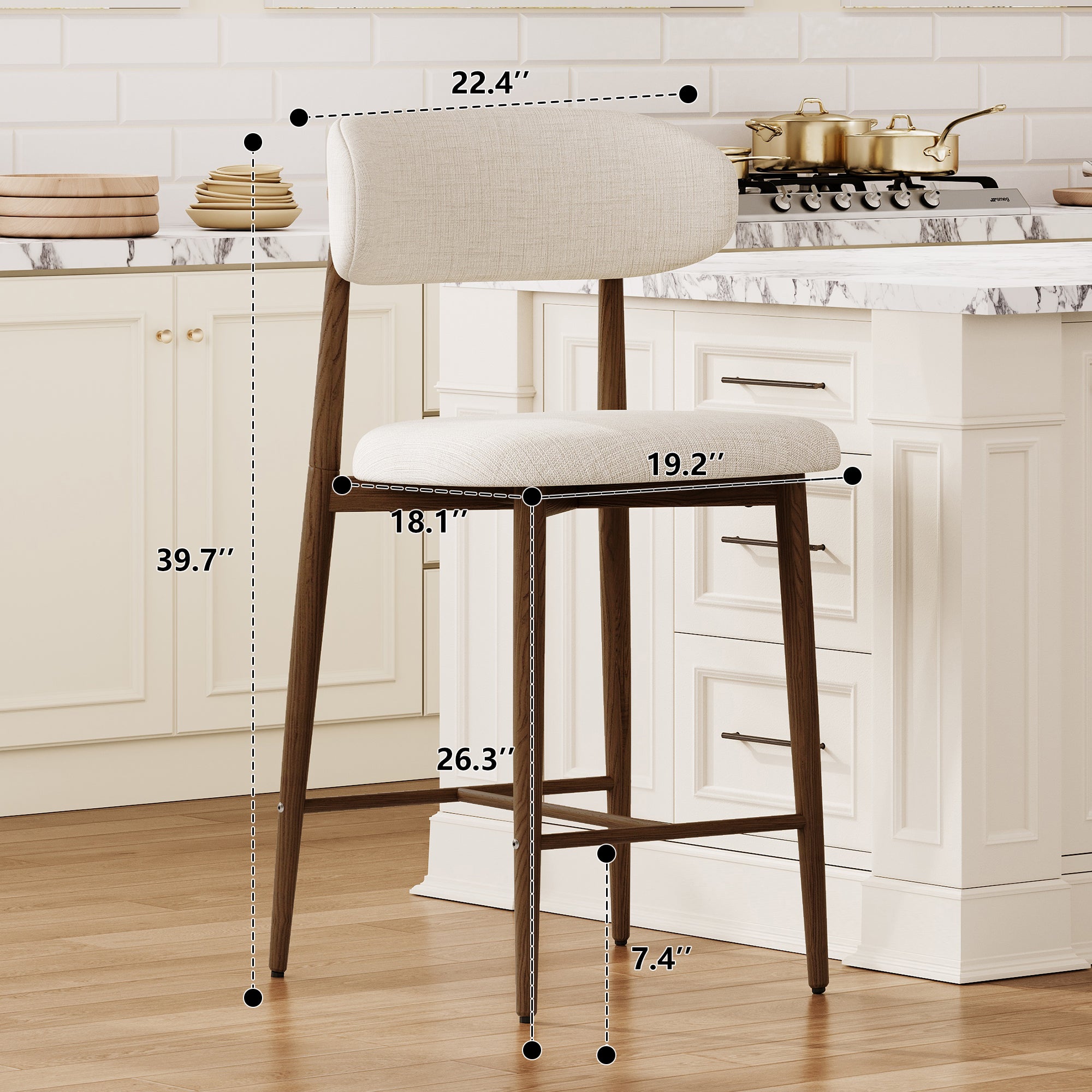 Counter Height Bar Stools Set of 2 – Modern Beige Upholstered Stools with Metal Legs for Kitchen Island