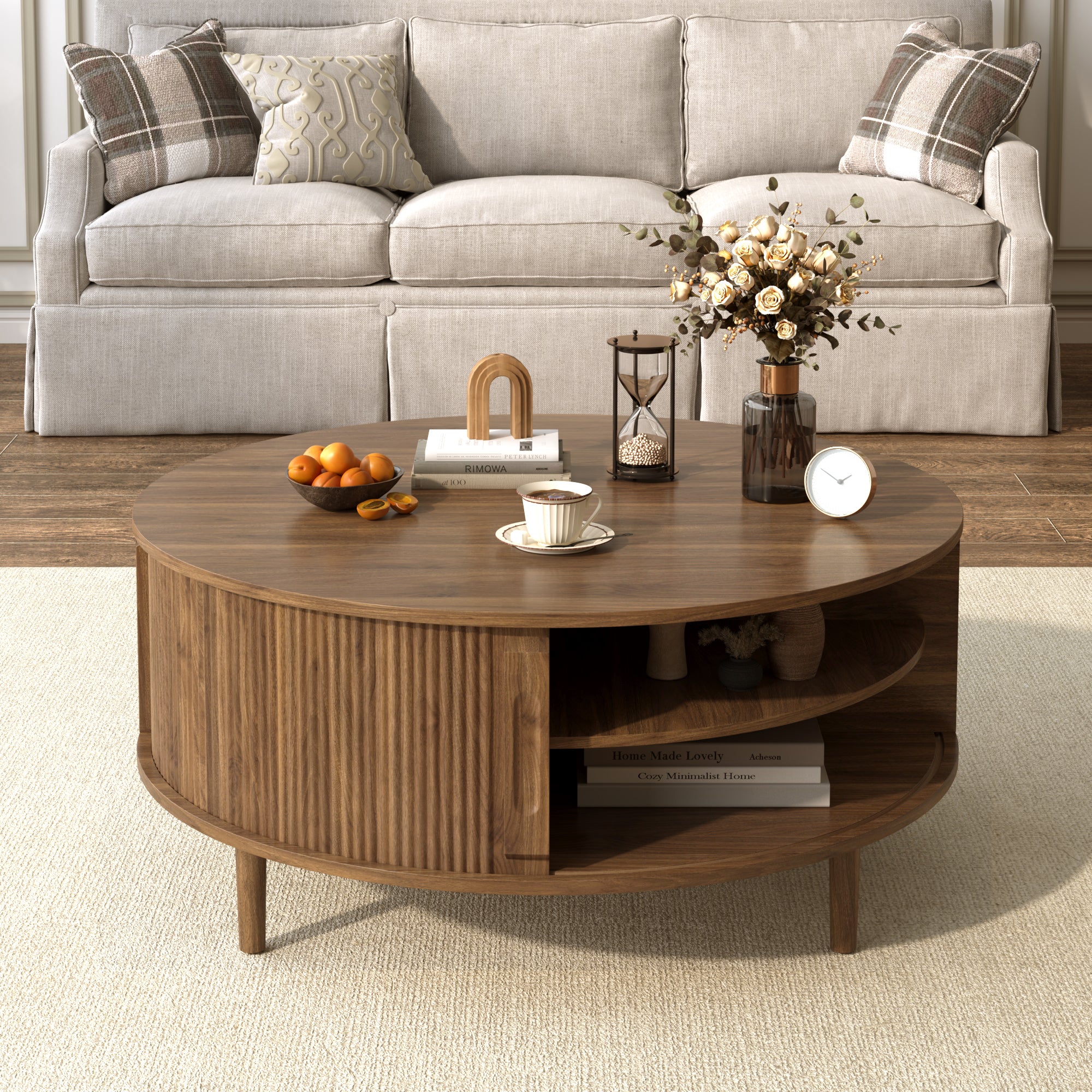 Minimalist Round Lift-Top Coffee Table with Hidden Storage & Pine Legs Secondary image
