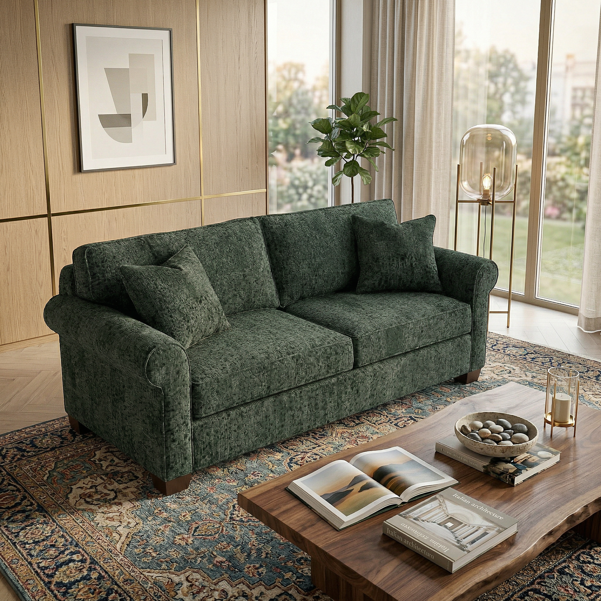 Irlanda Velvet Sofa in Antique Green, front view showing rolled arms and cushioned seat Main image
