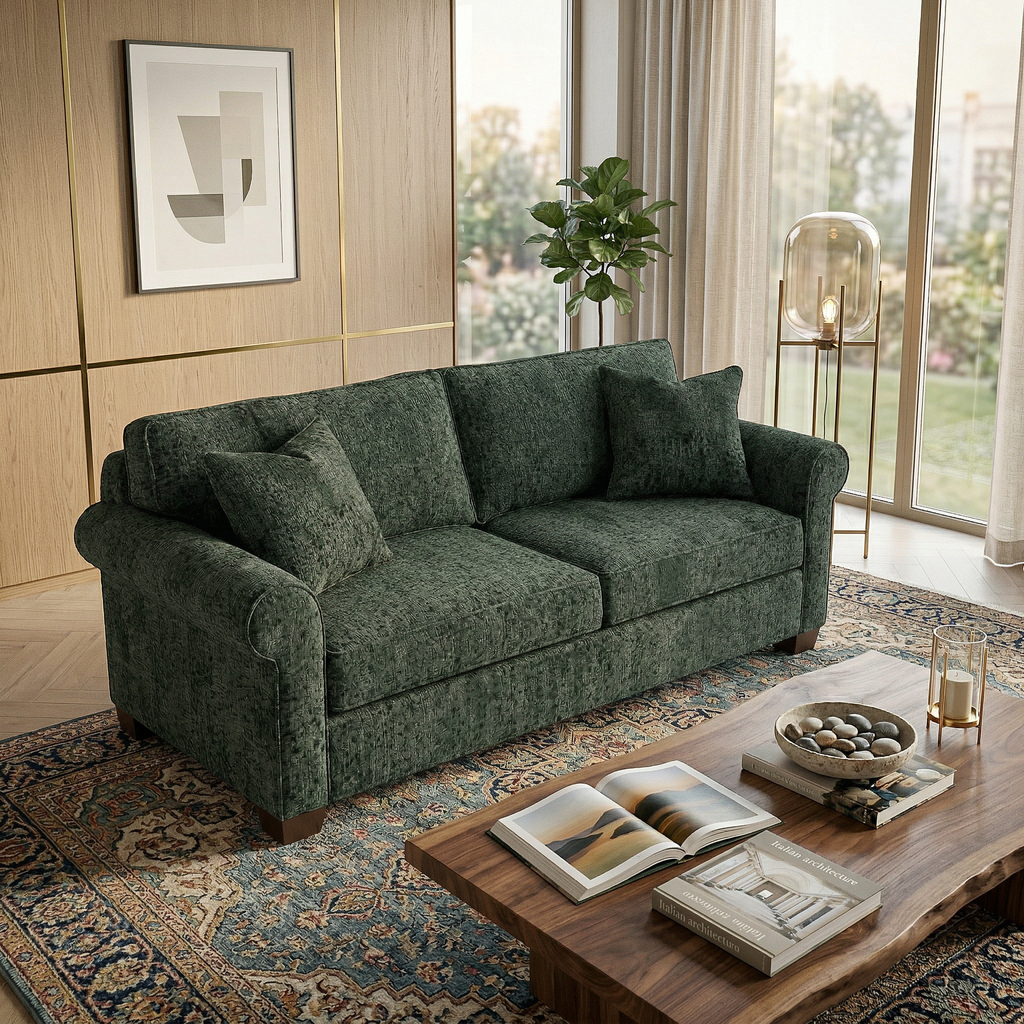 Irlanda Velvet Sofa in Antique Green, front view showing rolled arms and cushioned seat