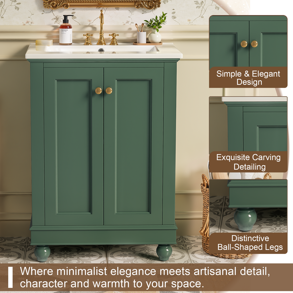 24-Inch Modern Green Bathroom Vanity Cabinet with Ceramic Sink