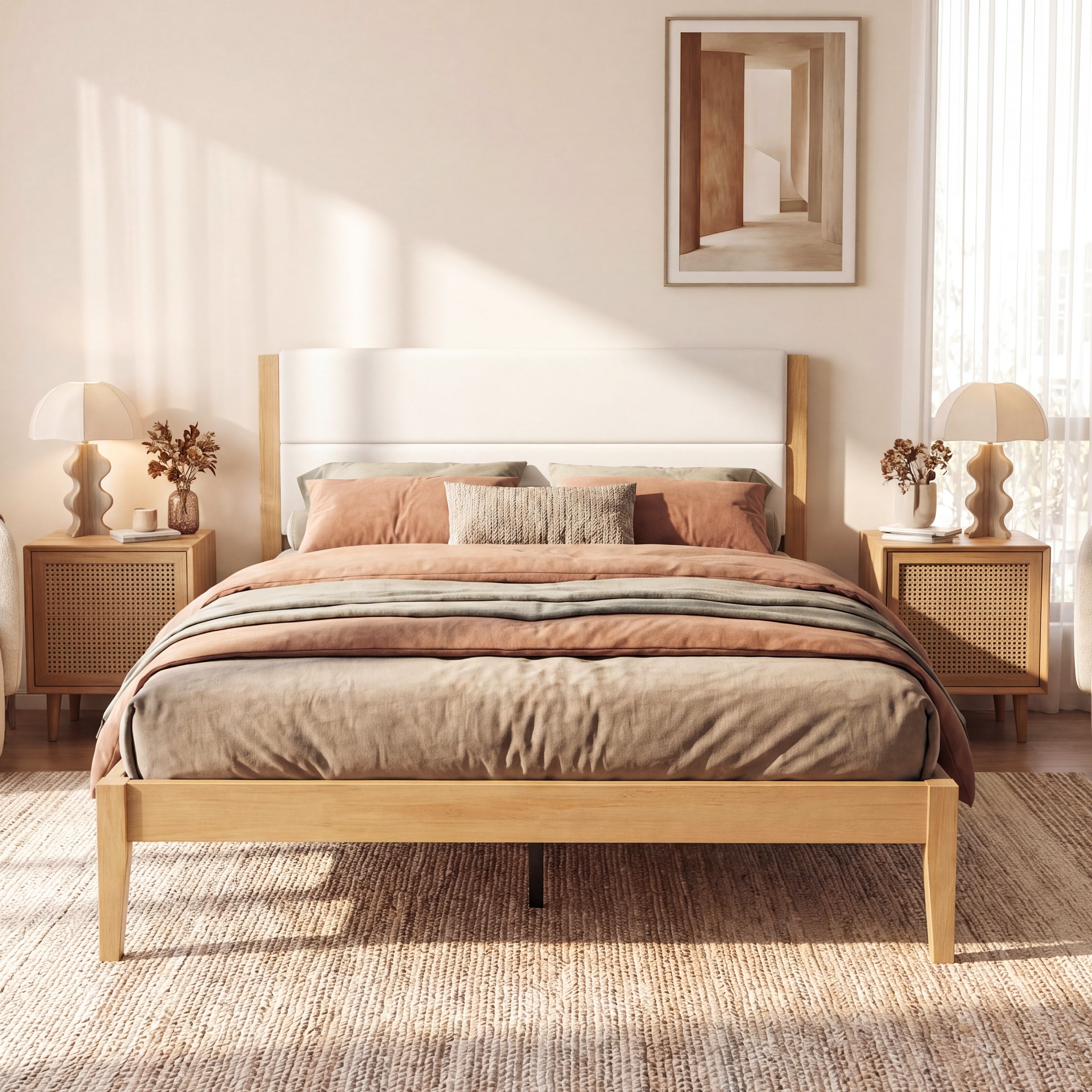 Mid-Century Modern King Platform Bed Frame with Upholstered Headboard, No Box Spring Needed