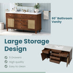 60" Modern Bathroom Vanity with SMC Sink, Soft-Close Drawers & Rattan Doors