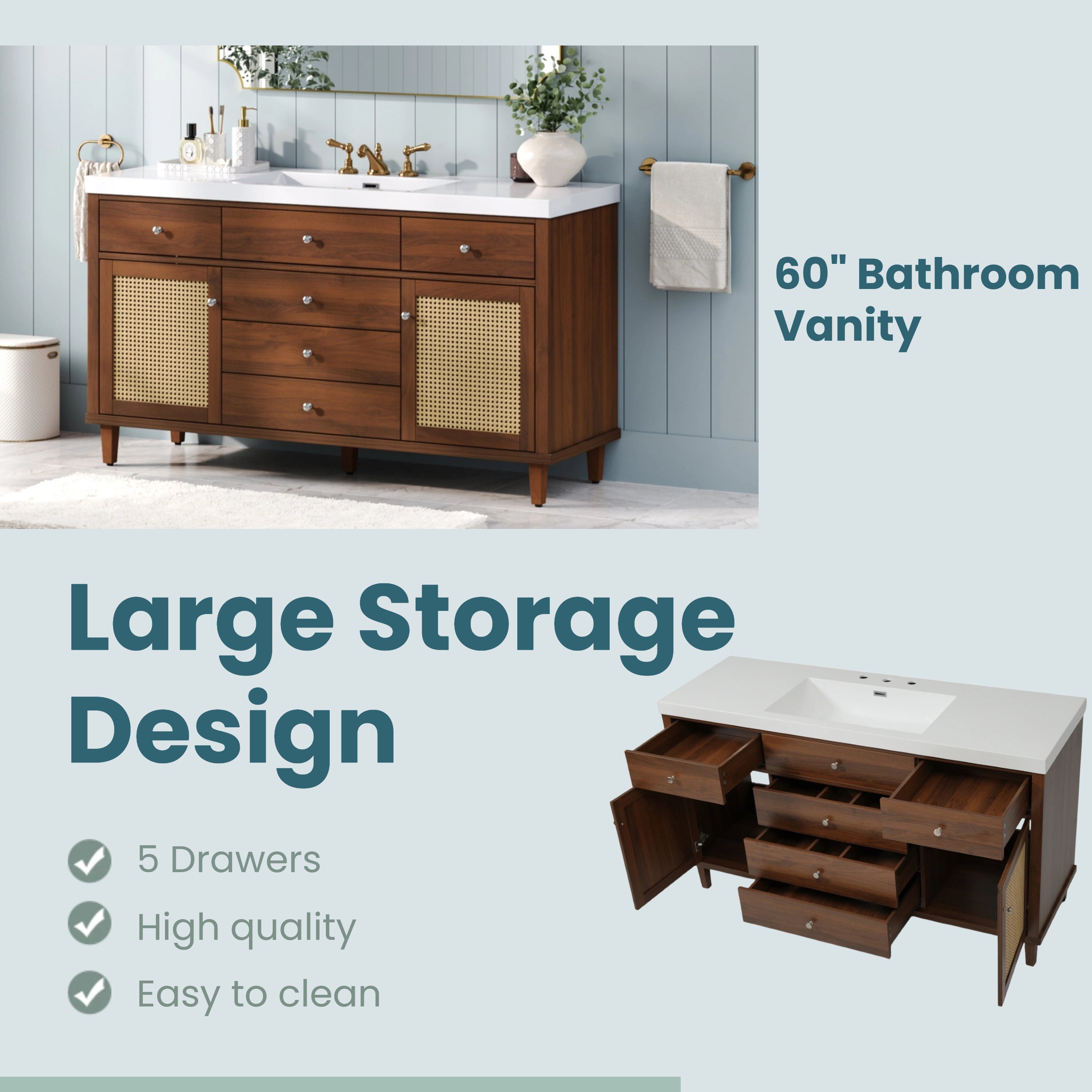 60" Modern Bathroom Vanity with SMC Sink, Soft-Close Drawers & Rattan Doors
