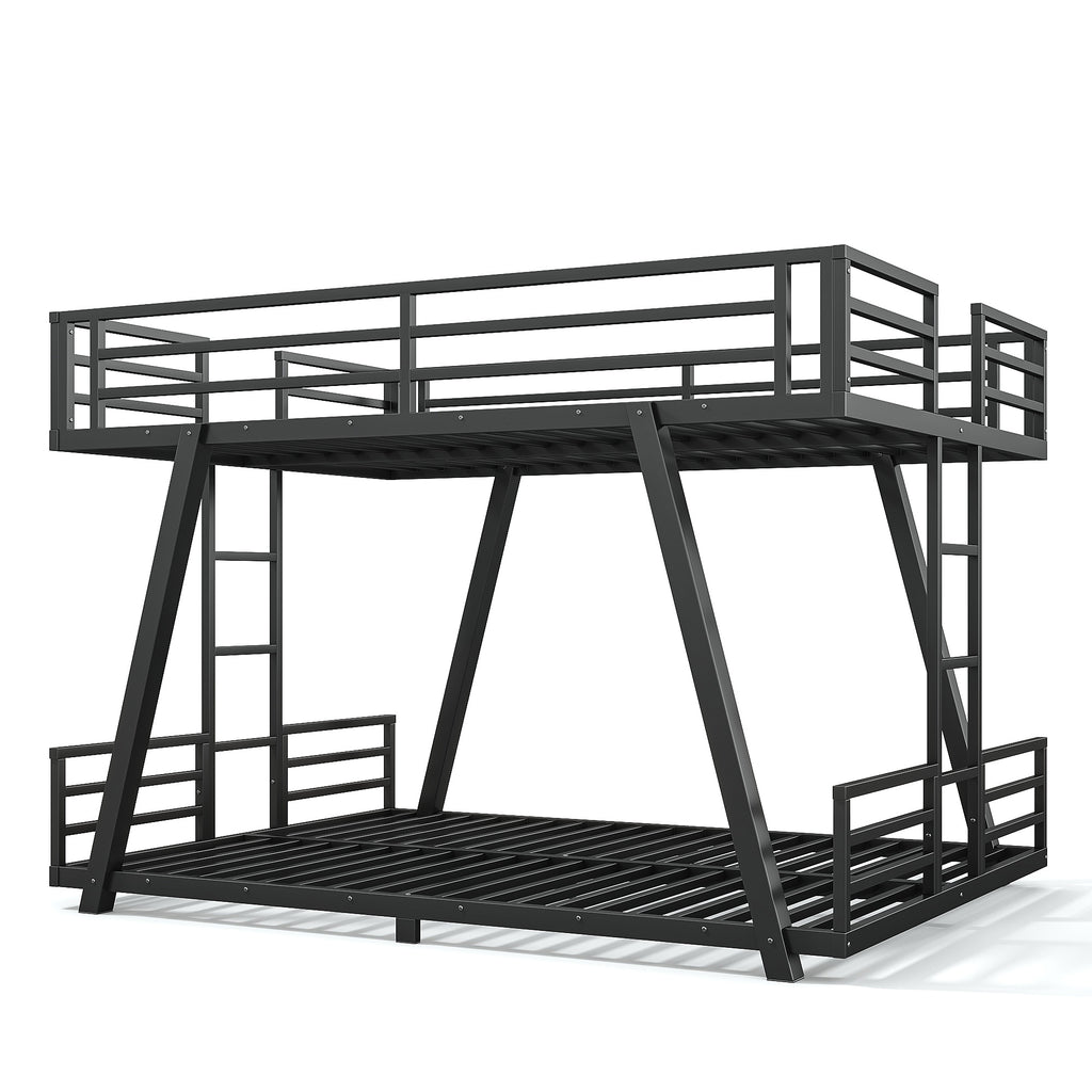 Queen over Queen Metal Bunk Bed with Dual Side Ladders and Low Profile Design – Black