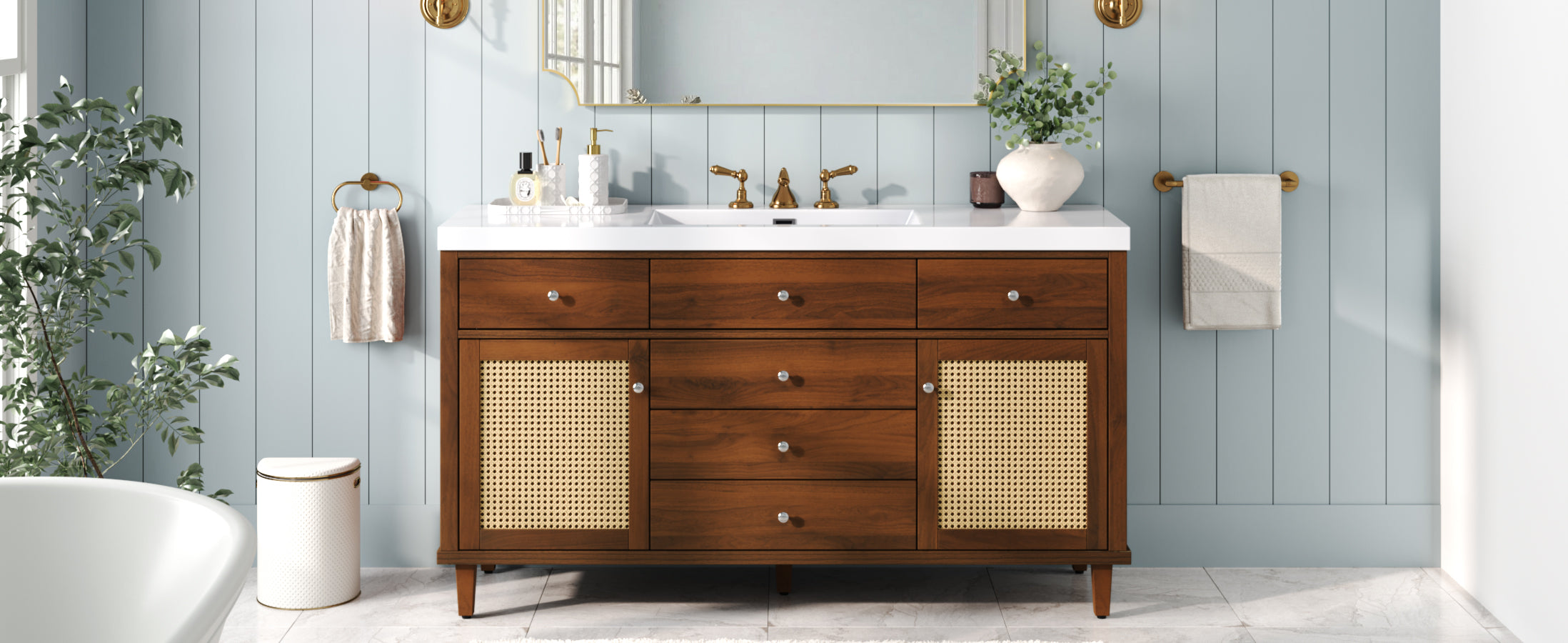 60" Modern Bathroom Vanity with SMC Sink, Soft-Close Drawers & Rattan Doors Secondary image