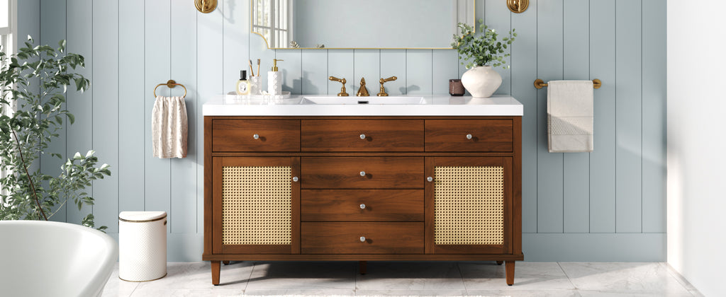 60" Modern Bathroom Vanity with SMC Sink, Soft-Close Drawers & Rattan Doors