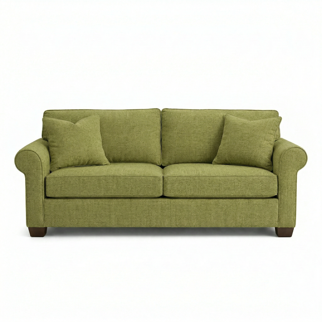 Side view showing rolled arms and tapered wooden legs