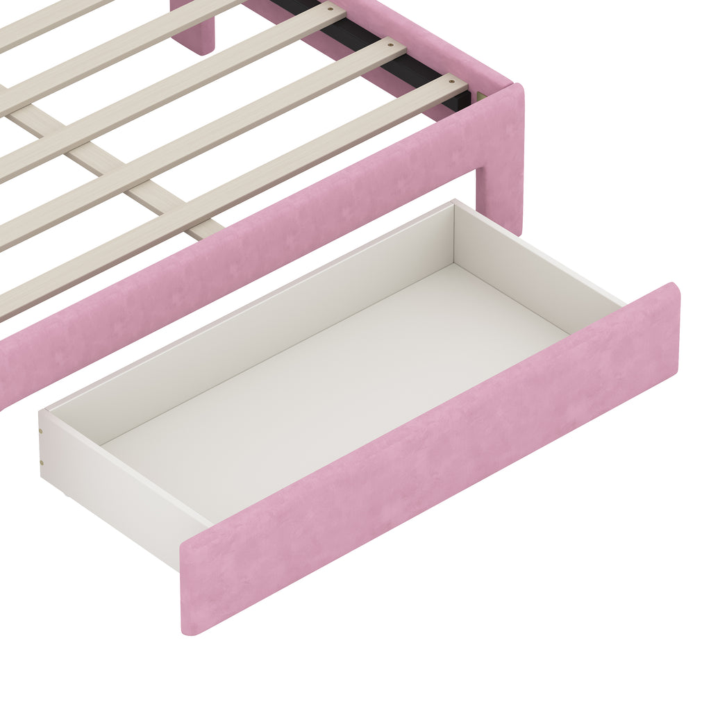 Full Size Upholstered Rainbow Velvet Platform Bed with Storage Drawer – Pink