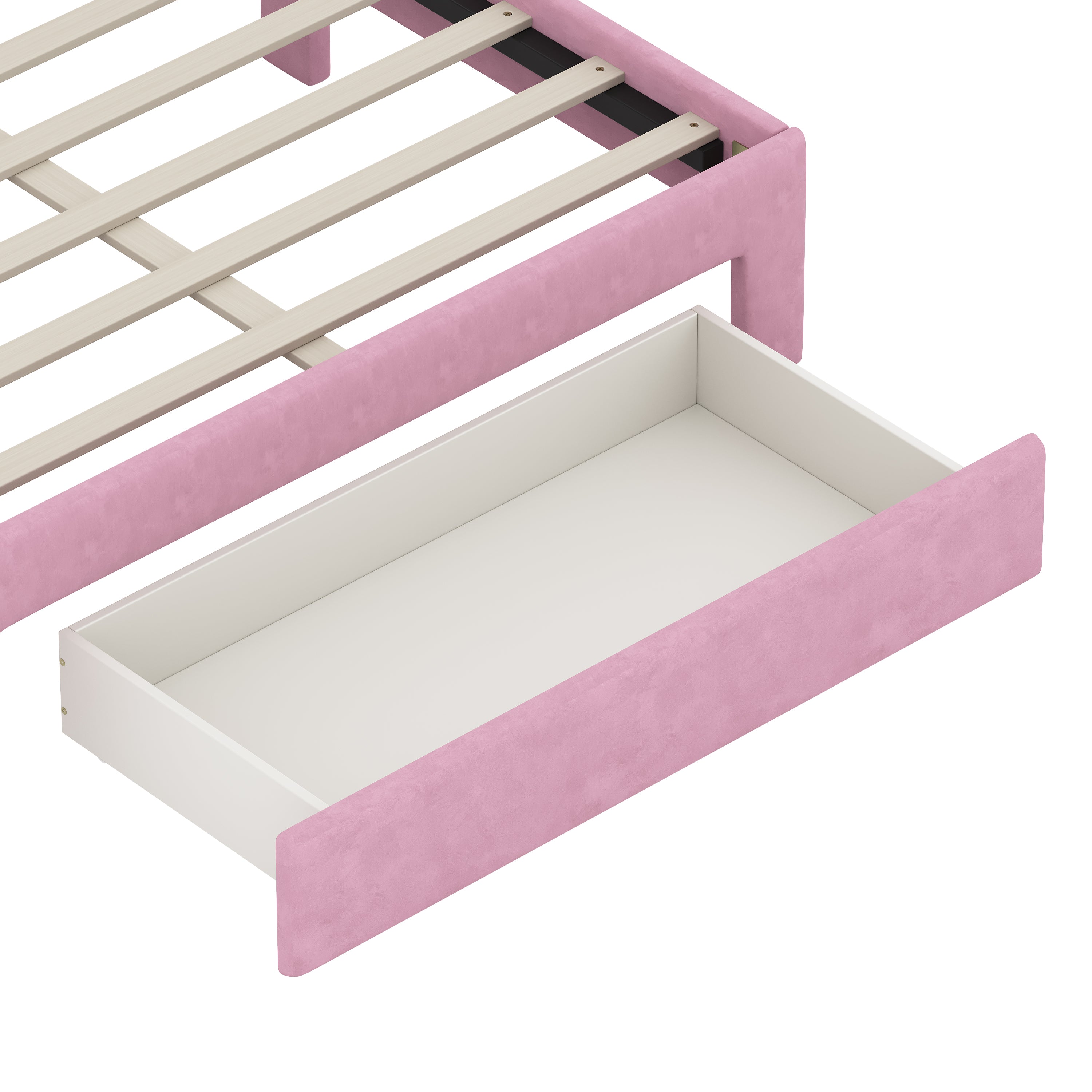 Full Size Upholstered Rainbow Velvet Platform Bed with Storage Drawer – Pink