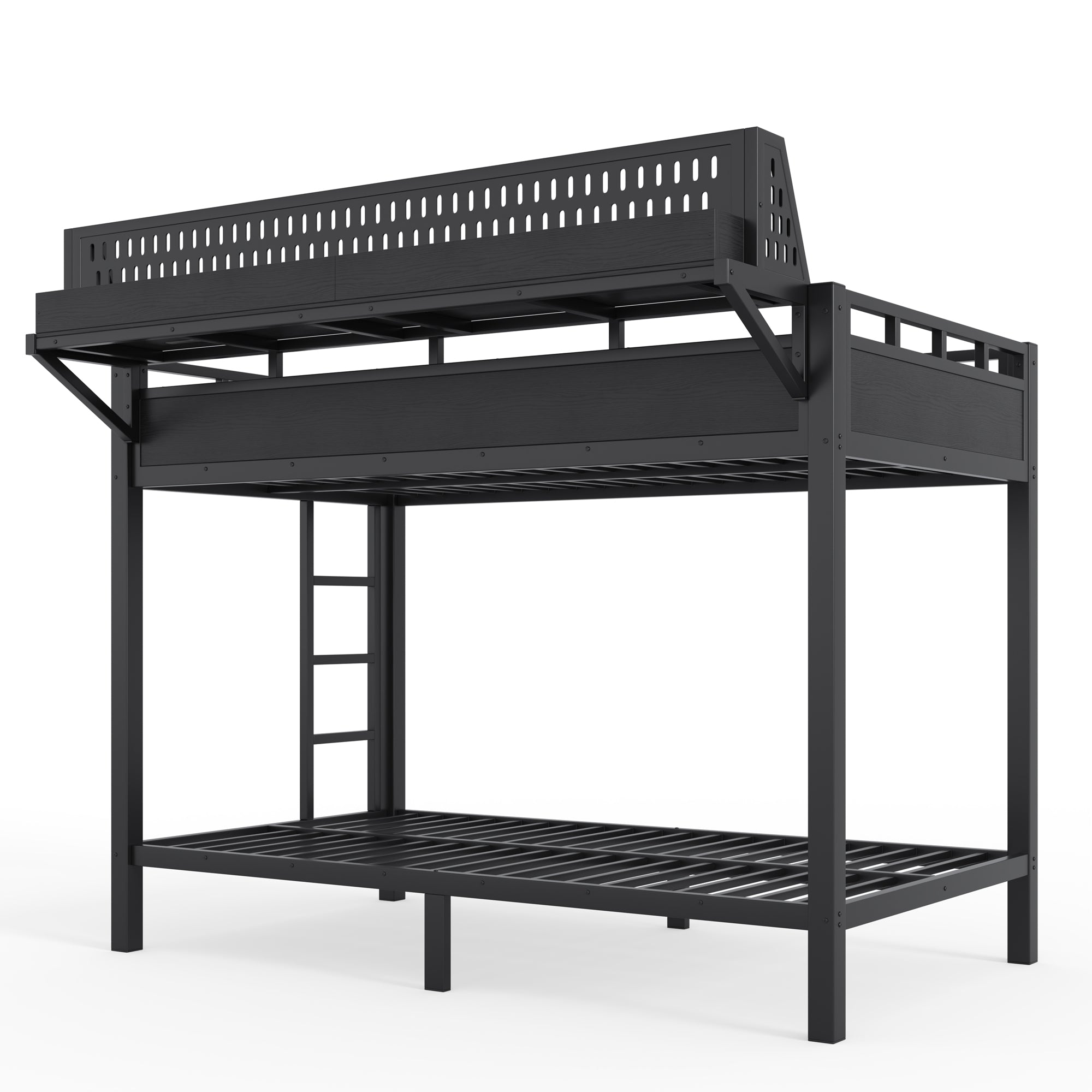 Twin XL Metal Bunk Bed with Storage Shelves, Pegboard, USB Ports & LED Lights – Black - product detail image 8