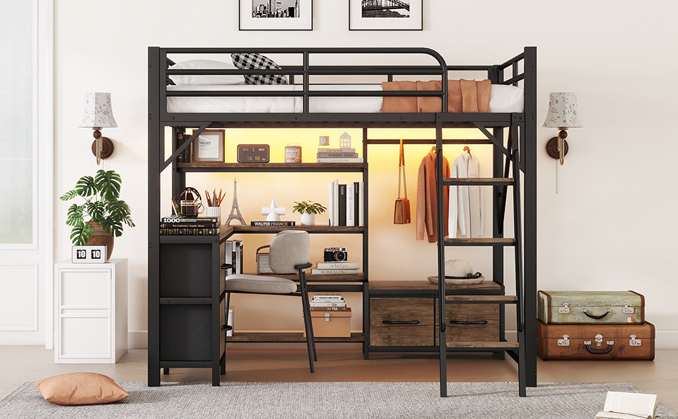 Full Size Metal Loft Bed with Desk, LED Light & Storage Shelves
