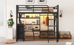 Full Size Metal Loft Bed with Desk, LED Light & Storage Shelves