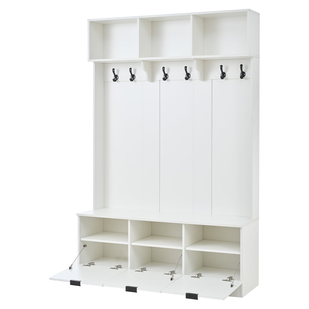 5-in-1 Hall Tree with Bench, Shoe Storage & Open Cabinets – White Modern Entryway Organizer