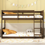 Twin Over Twin Floor Bunk Bed in Antique Oak – Solid Rubber Wood, Built-in Ladder & Safety Guardrails
