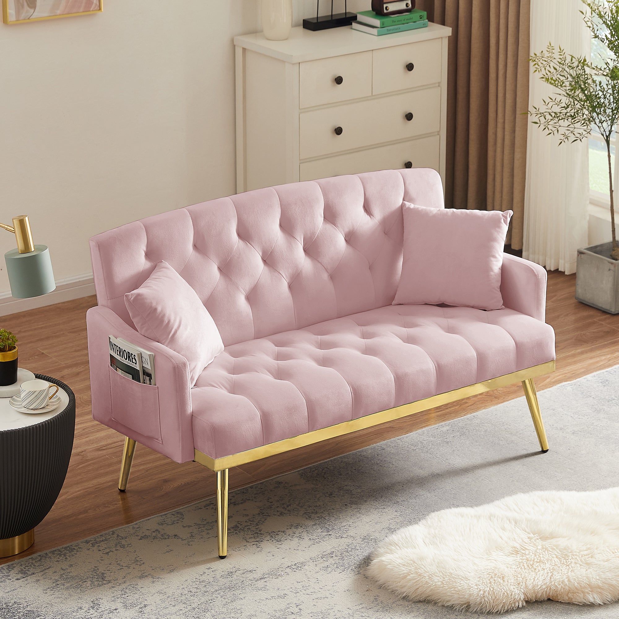Pink Velvet 2-Seat Small Sofa with Gold Metal Legs Secondary image