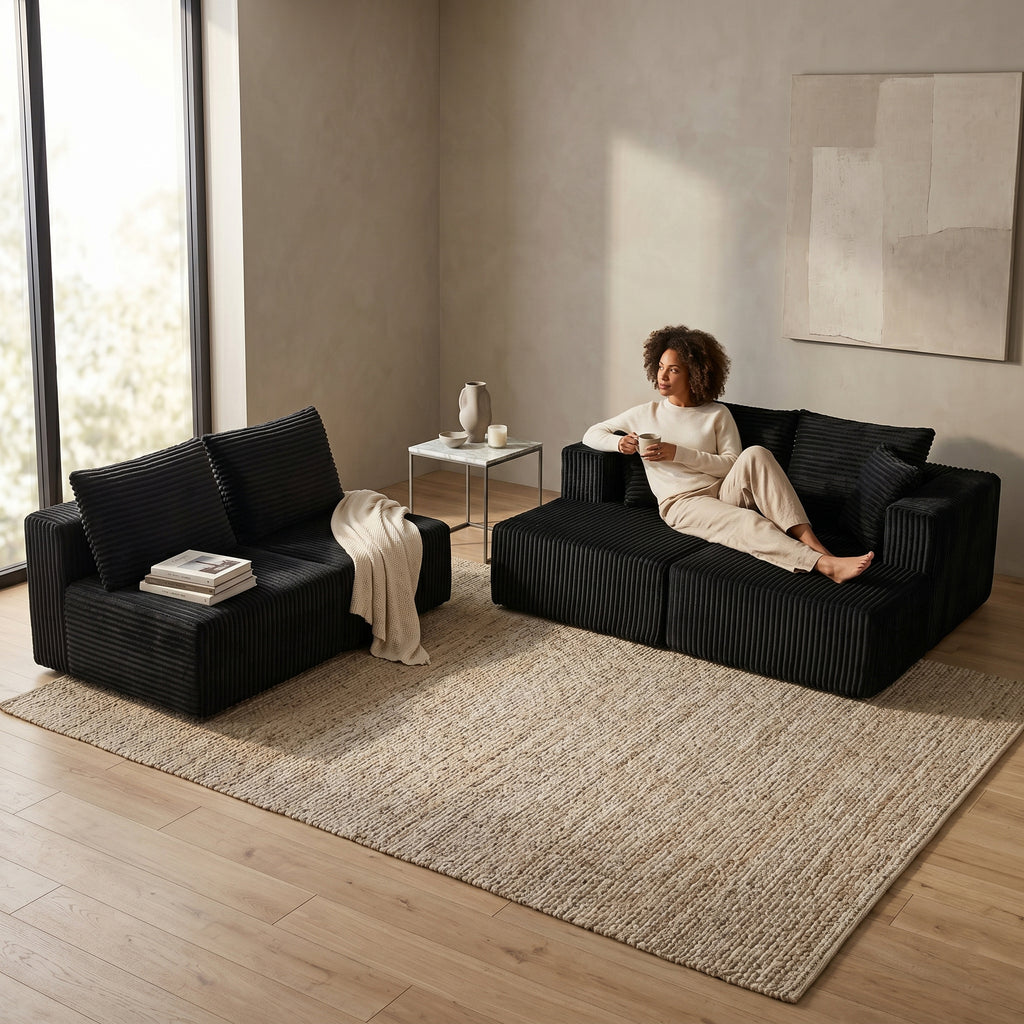 U-Shaped Corduroy Sectional Sofa with Double Chaise – 132" Black - product detail image 7