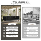 Outdoor Twin Swing Bed with Acacia Wood Frame & Rattan Weave – Black