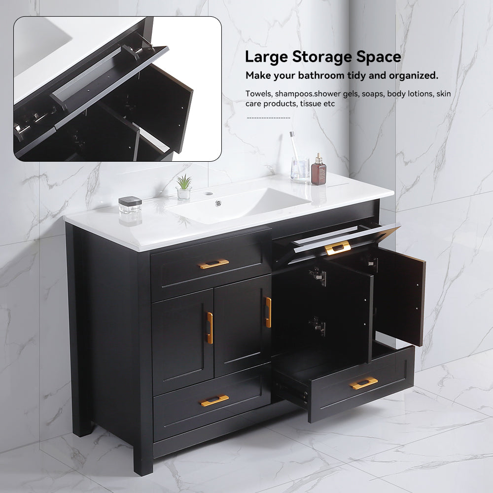 48" Black Bathroom Vanity with Integrated Resin Sink, 4 Soft-Close Doors & 4 Drawers