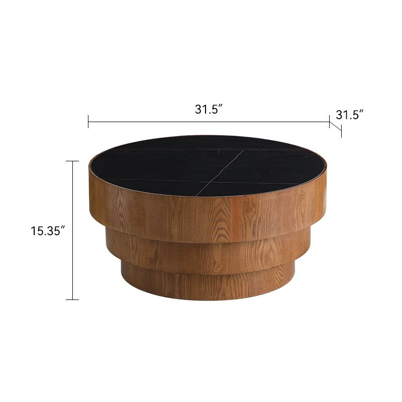 31.5" Round Coffee Table with Sintered Stone Top and Wood Veneer Tiered Base – Modern Black