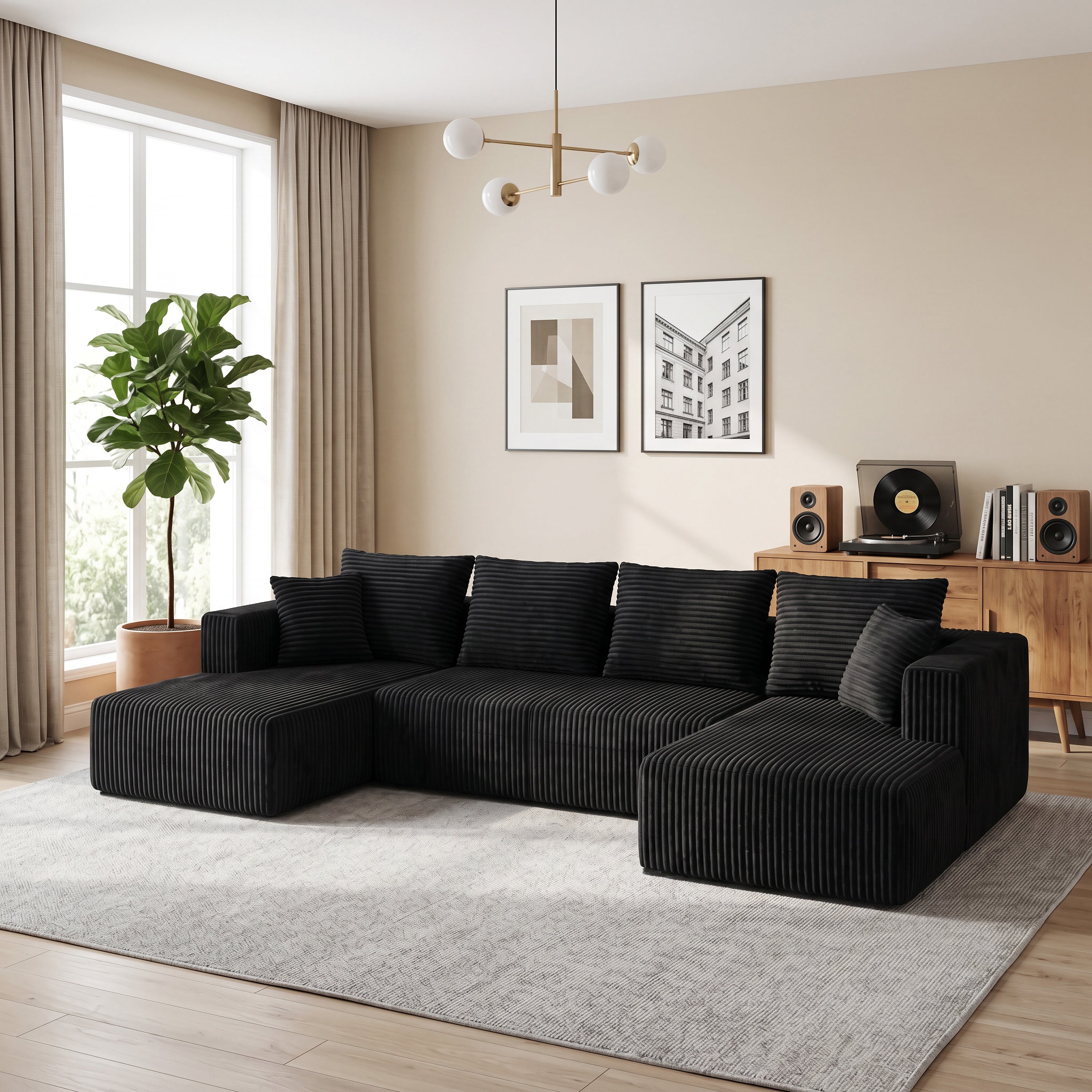 Close-up of wide-wale corduroy fabric texture on black sectional sofa