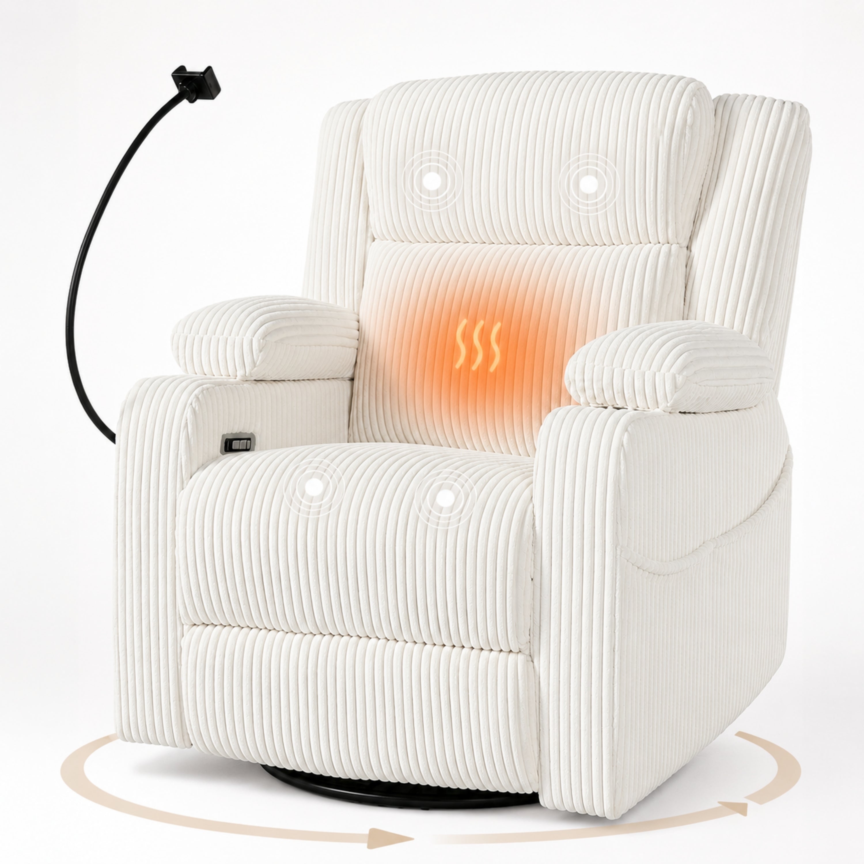 Electric Power Recliner Chair with Heat & Massage, 270° Swivel Rocker in Beige Corduroy