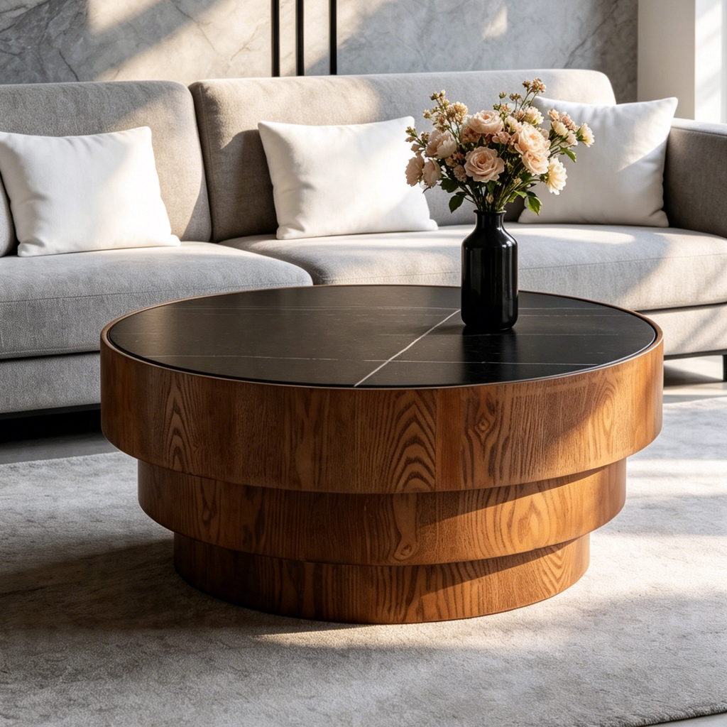 31.5" Round Coffee Table with Sintered Stone Top and Wood Veneer Tiered Base – Modern Black