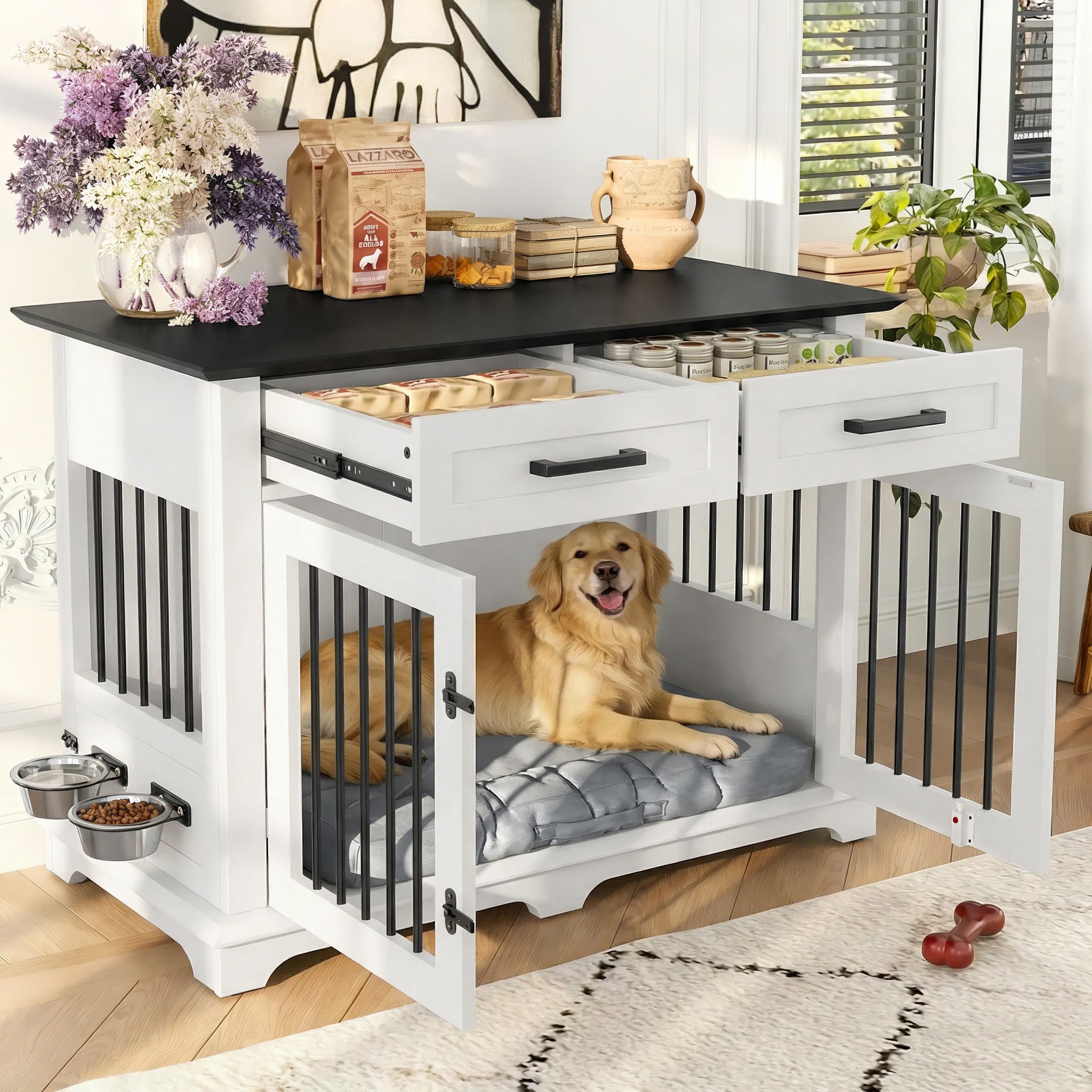 44.5" Wooden Dog Crate End Table with 2 Drawers & Rotating Bowls, White and Black Main image