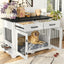 44.5" Wooden Dog Crate End Table with 2 Drawers & Rotating Bowls, White and Black