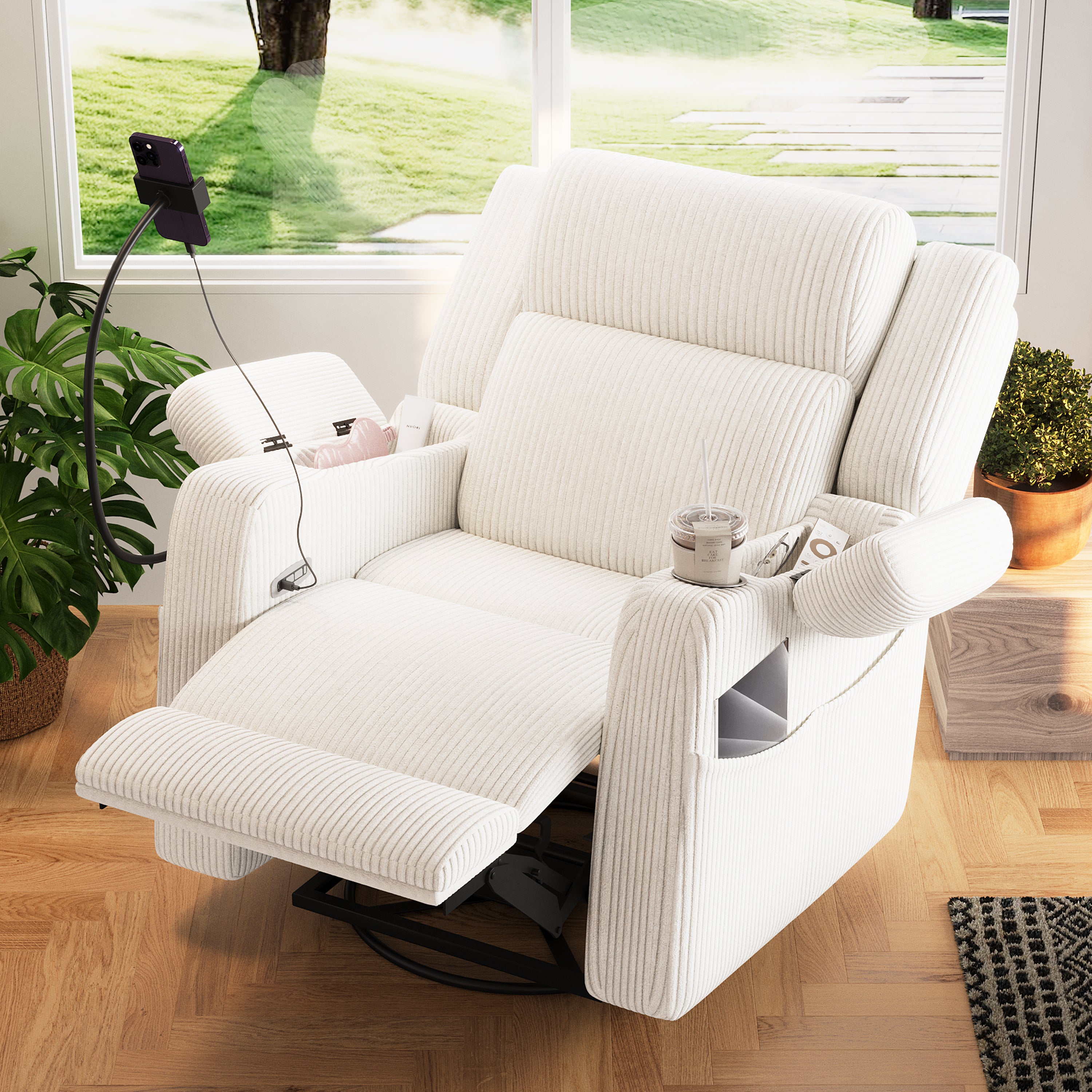 Electric Power Recliner Chair with Heat & Massage, 270° Swivel Rocker in Beige Corduroy