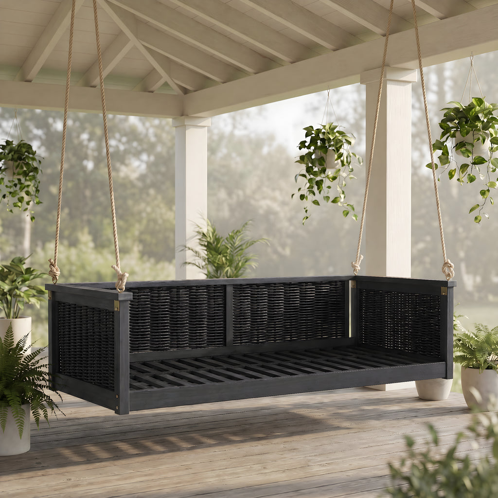 Outdoor Twin Swing Bed with Acacia Wood Frame & Rattan Weave – Black