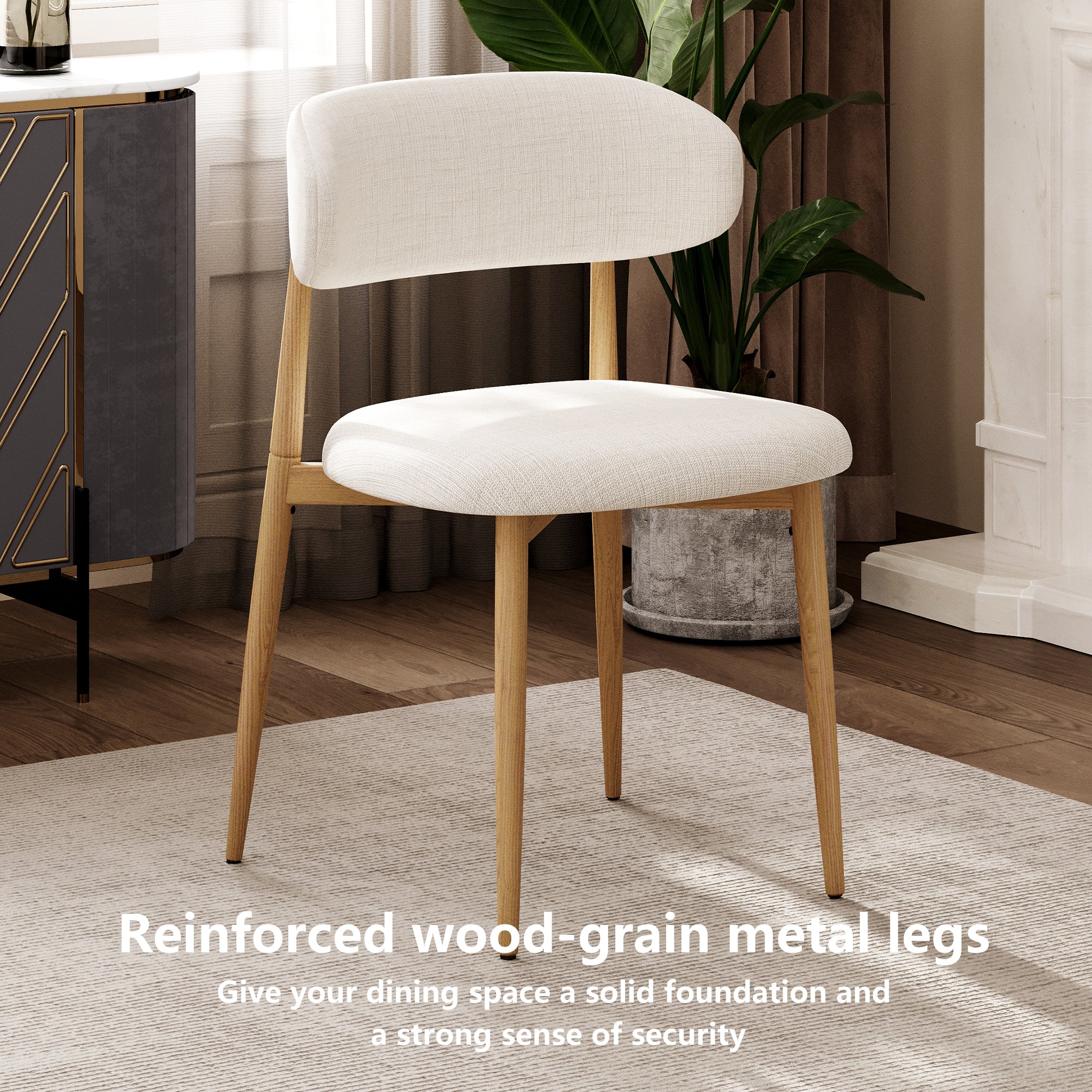 Set of 2 Modern Metal Dining Chairs with Beige Upholstered Seat