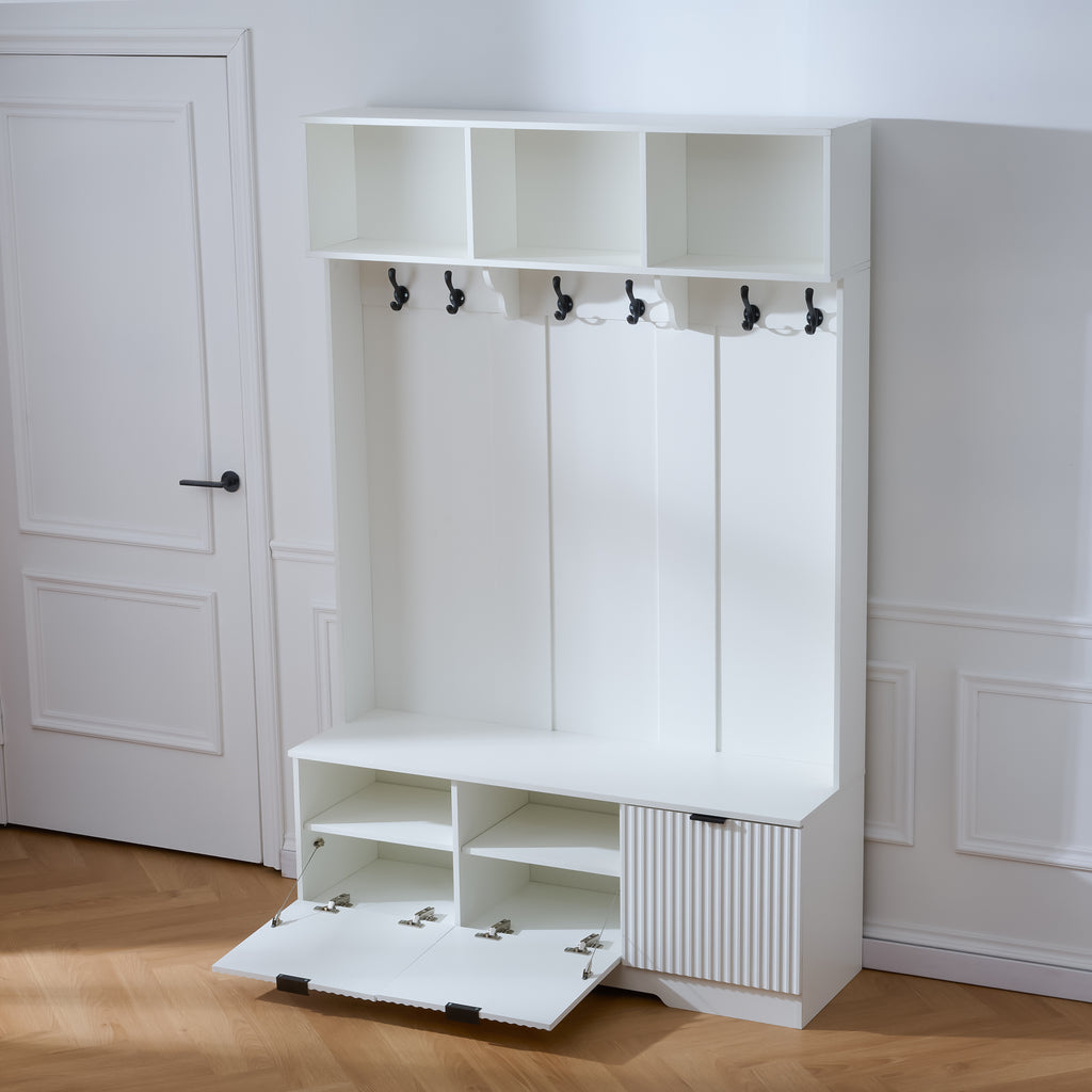 5-in-1 Hall Tree with Bench, Shoe Storage & Open Cabinets – White Modern Entryway Organizer