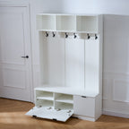 5-in-1 Hall Tree with Bench, Shoe Storage & Open Cabinets – White Modern Entryway Organizer