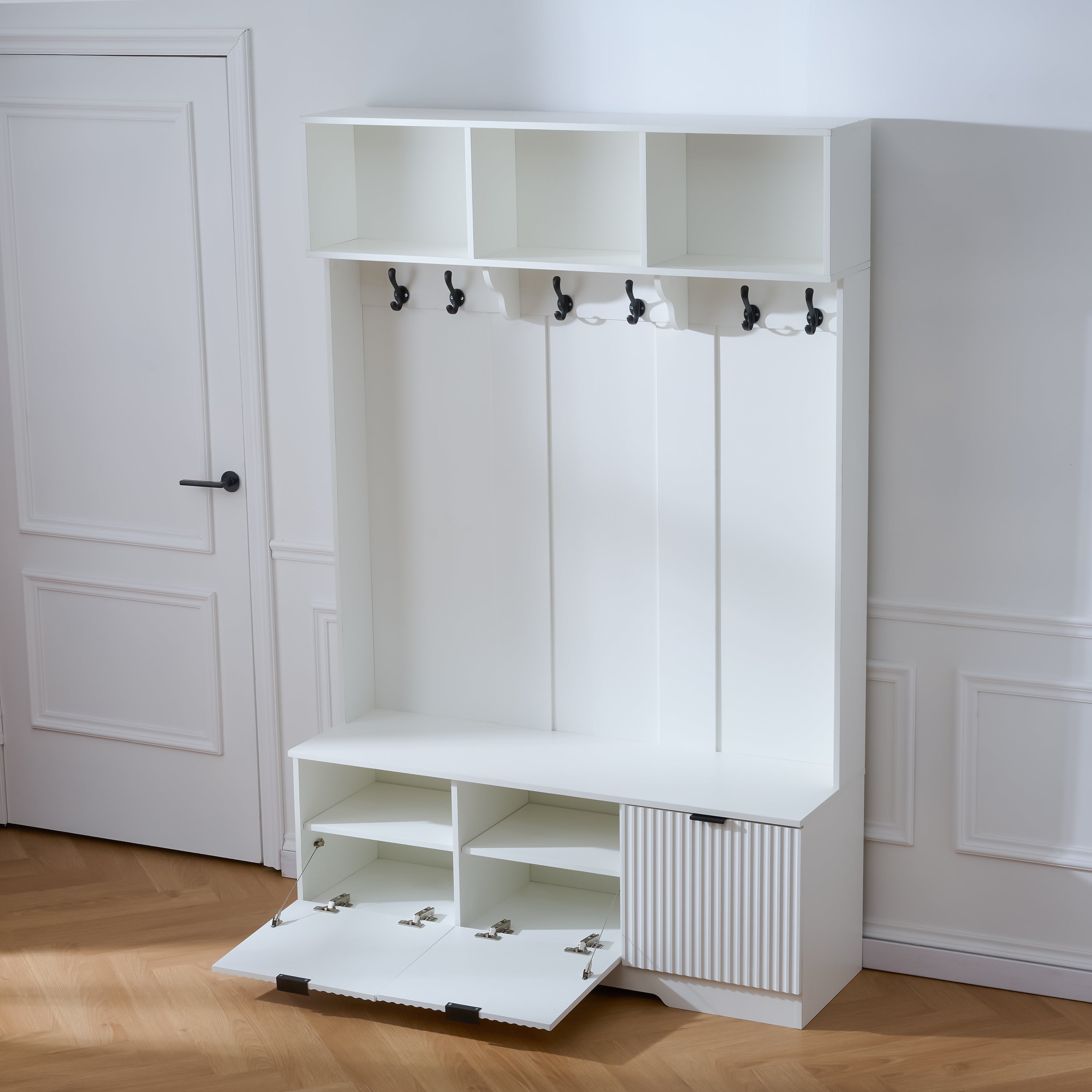 5-in-1 Hall Tree with Bench, Shoe Storage & Open Cabinets – White Modern Entryway Organizer