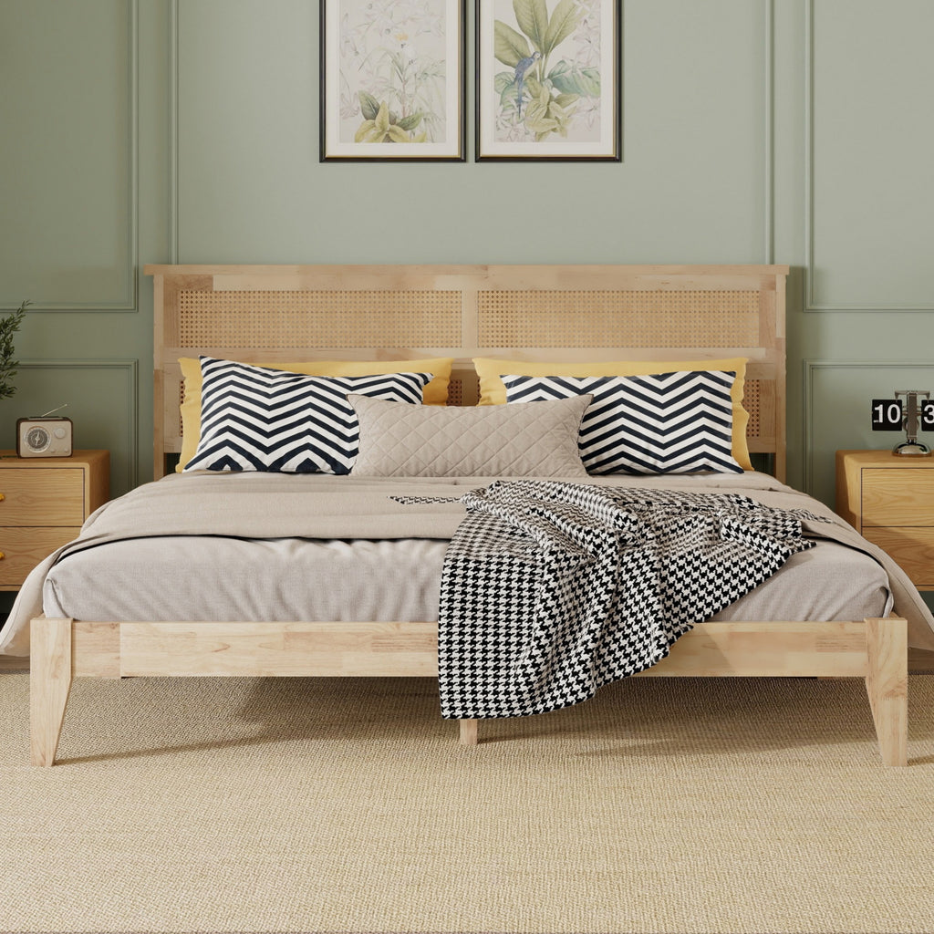 King Size Solid Wood Bed with Rattan Headboard – Natural Rubberwood Frame