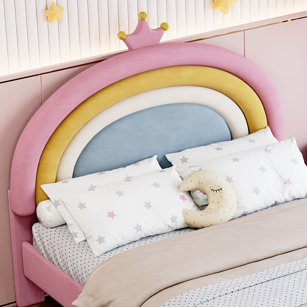Full Size Upholstered Rainbow Velvet Platform Bed with Storage Drawer – Pink