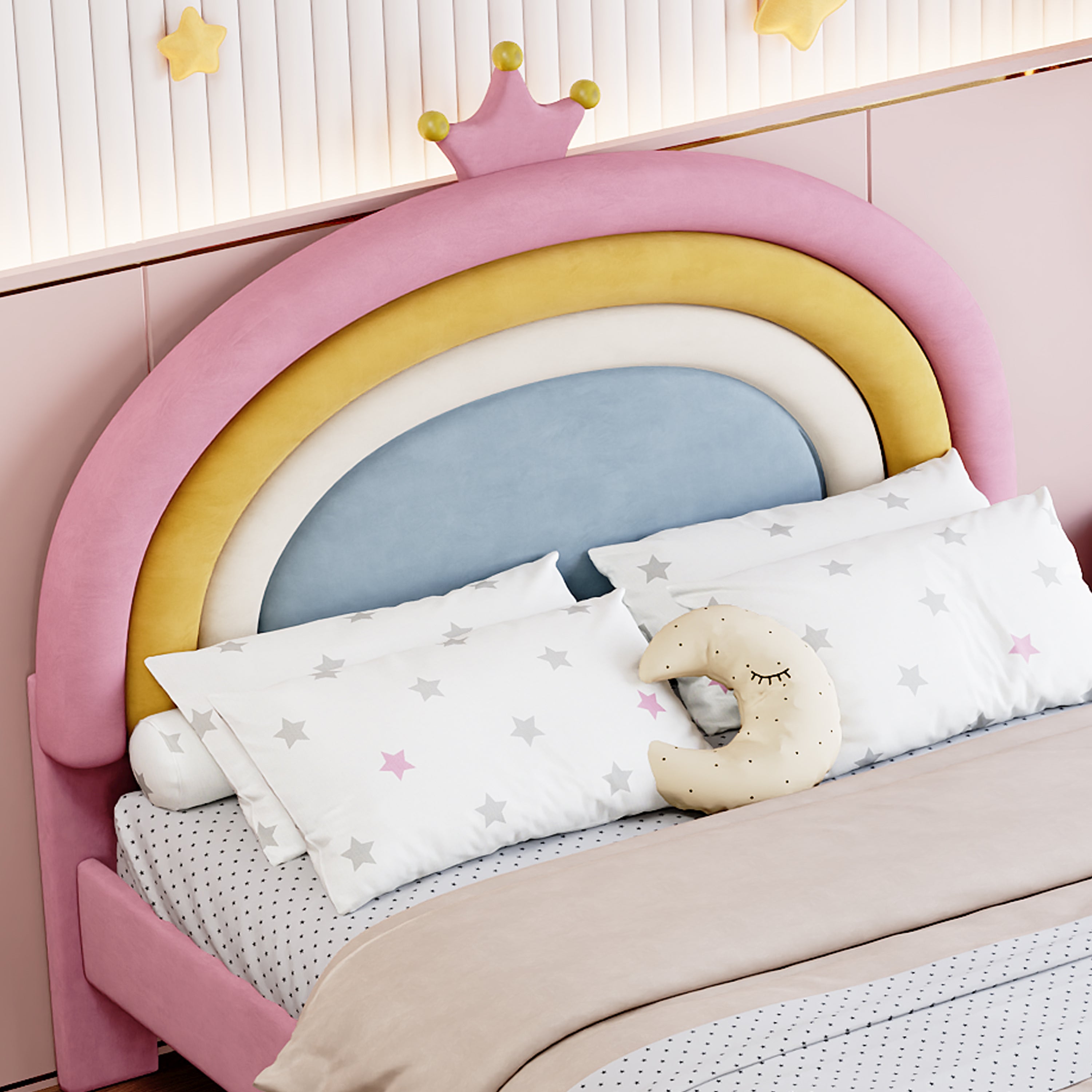Full Size Upholstered Rainbow Velvet Platform Bed with Storage Drawer – Pink
